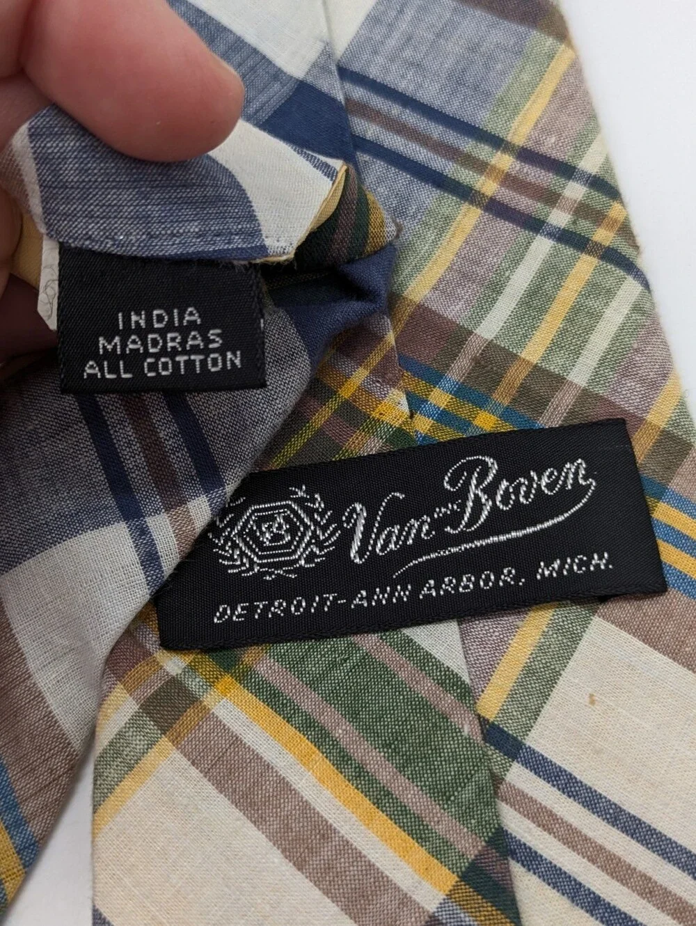 Vintage Van Boven Blue Brown Green Plaid Cotton Tie